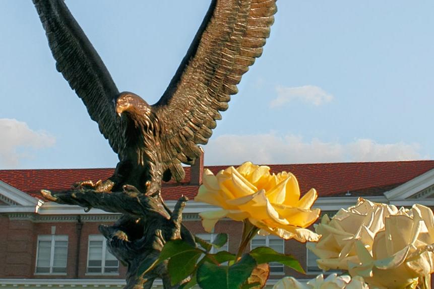 Roses in front of an eagle statue